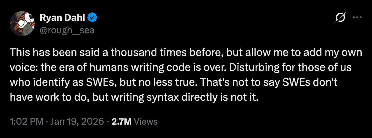 Ryan Dahl tweet about the end of writing code